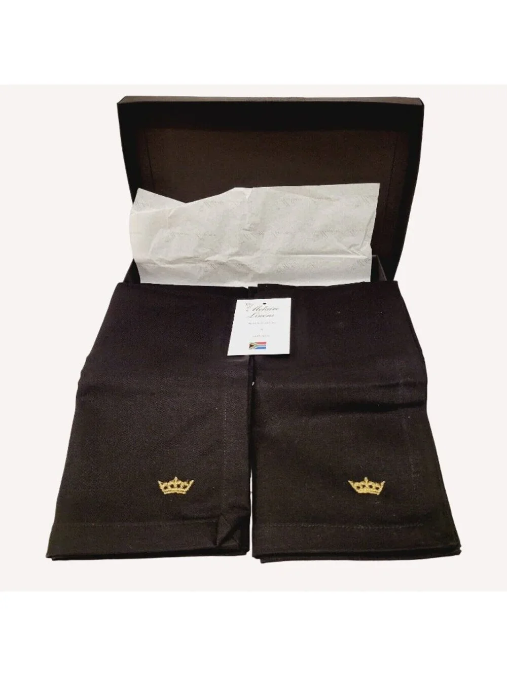4 Melaire Linens Handmade Napkins Black With Gold Crown Embroidery South Africa